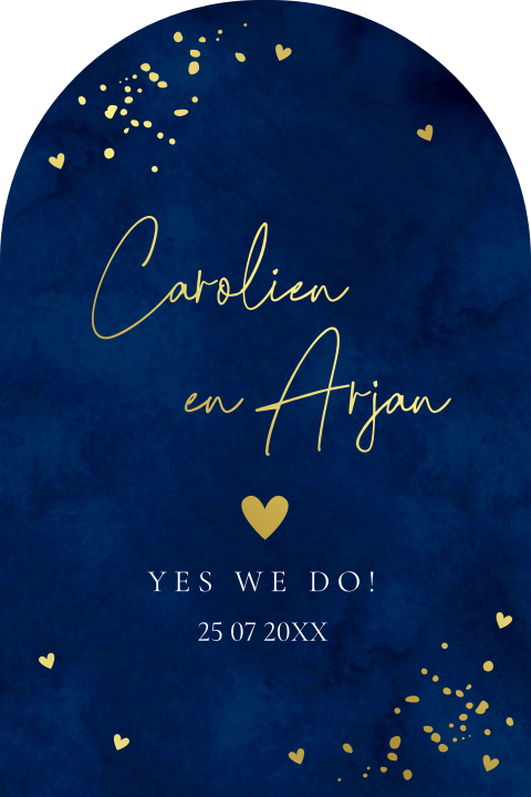 Trouwkaart blauw boog vorm luxe goudfolie