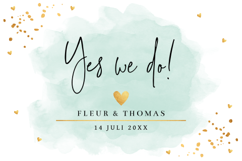 Trouwkaart mintgroen waterverf hartjes rechthoekig