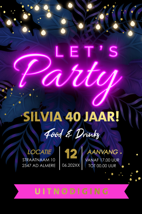 Uitnodiging verjaardag lets party neon lampjes zilverfolie