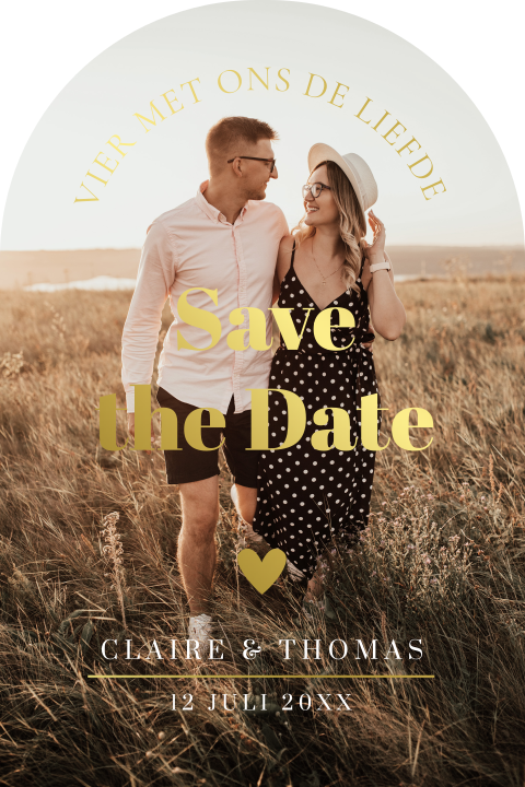 Save the Date kaart boog eigen foto goudfolie