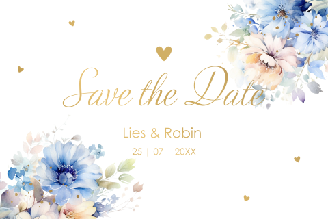 Save the Date kaart blauw peach romantische bloemen goudfolie