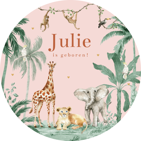 Raamsticker geboortekaartje jungle dieren aapjes rond meisje