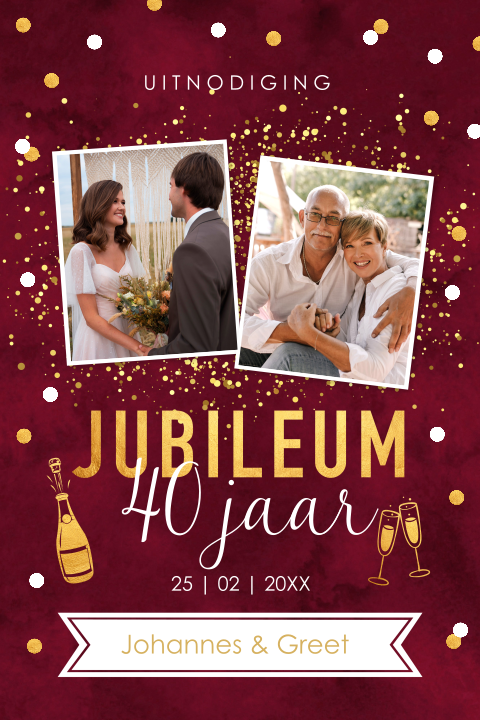 Jubileum uitnodiging 40 jaar getrouwd met foto rood confetti