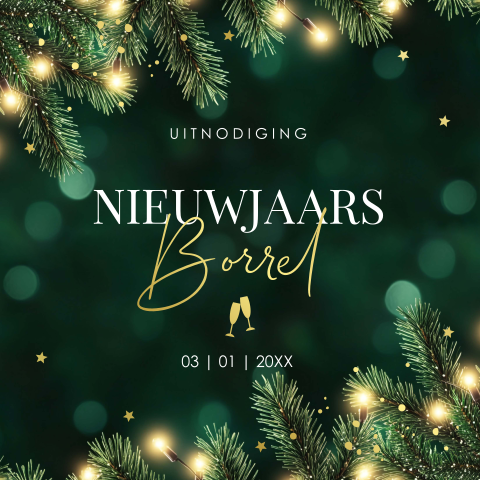 Zakelijke nieuwjaarsborrel uitnodiging groen kerstakken goudfolie