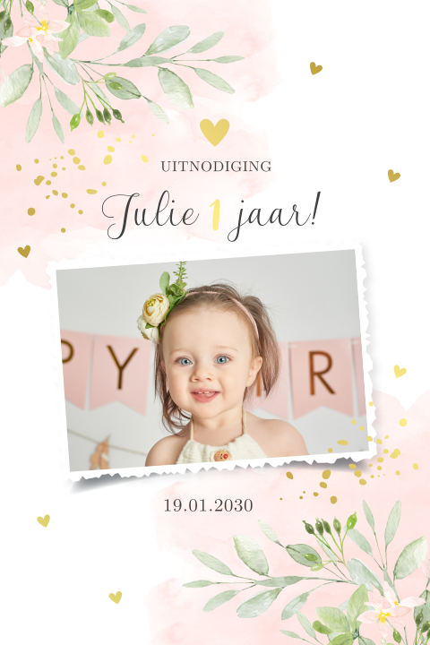 Uitnodiging kinderfeestje meisje foto botanisch goudfolie