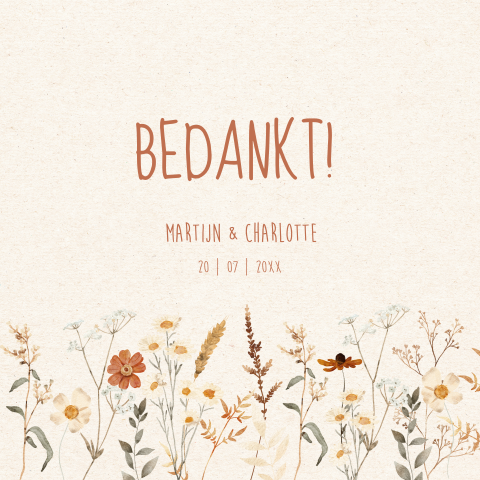 Bedankkaart huwelijk beige veldbloemen