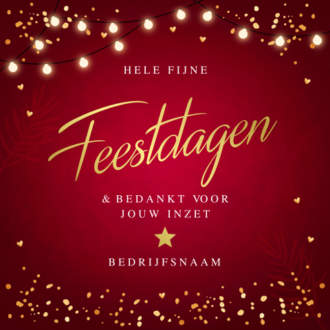 Zakelijke kerstkaart rood Fijne Feestdagen goudfolie lampjes