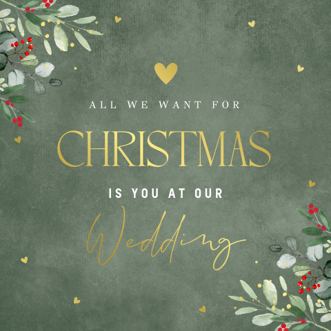 Save the Date kerstkaart groen kersttakjes goudfolie