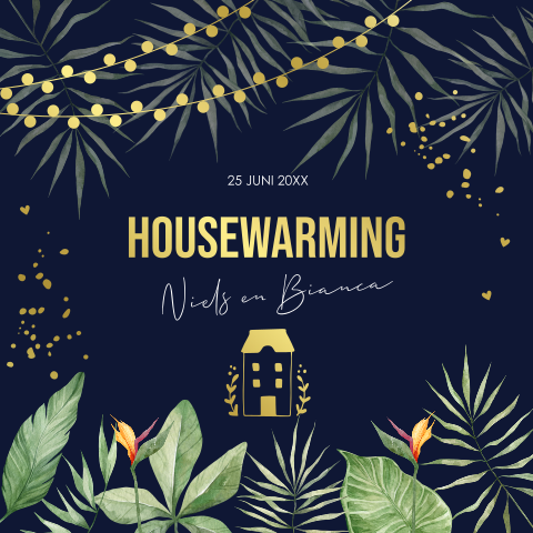 Housewarming uitnodiging tropisch bladeren lampjes goudfolie