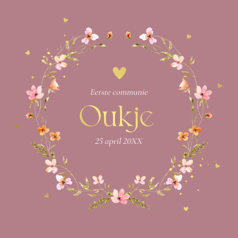 Communie uitnodiging meisje waterverf bloemen krans goudfolie
