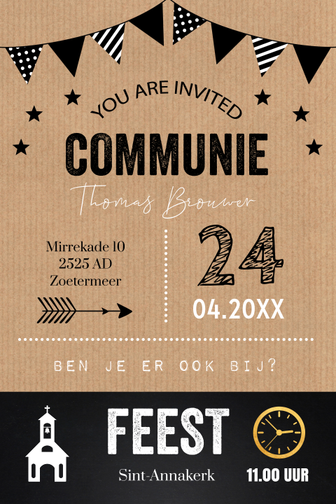 Communie uitnodiging jongen kraftlook slinger typografie