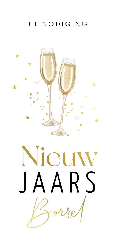 Uitnodiging nieuwjaarsborrel zakelijk wit goudfolie champagneglazen
