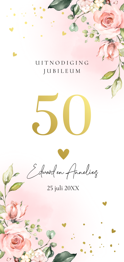 Uitnodiging jubileum huwelijk bloemen roze 50 jaar getrouwd goudfolie