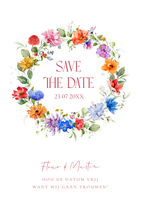 Save the Date kaart wit kleurrijke bloemen