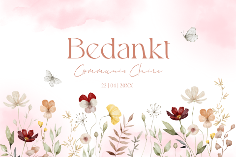 Bedankkaart communie meisje bloemen roze