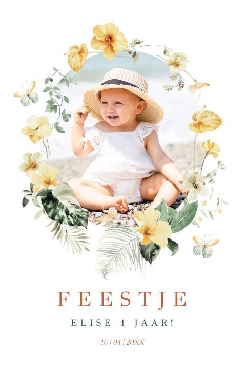 Uitnodiging kinderfeestje meisje 1 jaar tropisch foto bloemen geel