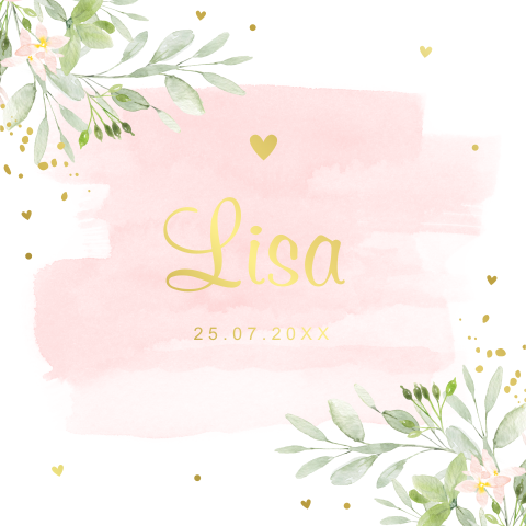 Geboortekaartje meisje waterverf roze bloemen blaadjes goudfolie