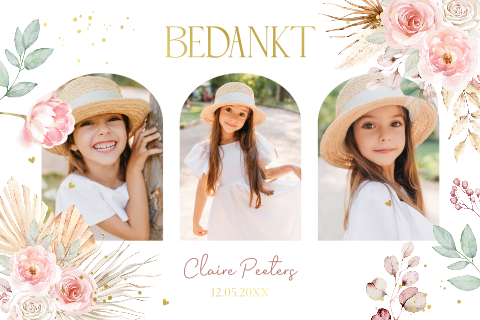 Bedankkaart communie meisje foto bloemen roze bohemian goudfolie