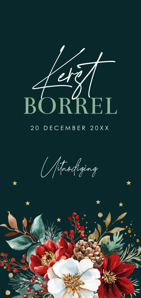 Kerstborrel uitnodiging langwerpig groen rood kersttakjes bloemen