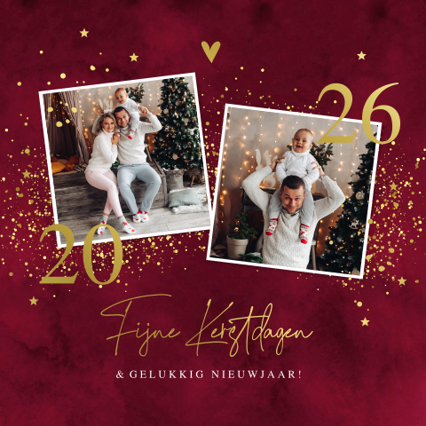 Luxe kerstkaart met foto rood sterren 2026 goudfolie
