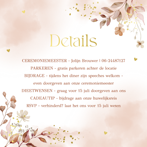 Inlegkaartje huwelijk terracotta flowers kalkpapier goudfolie