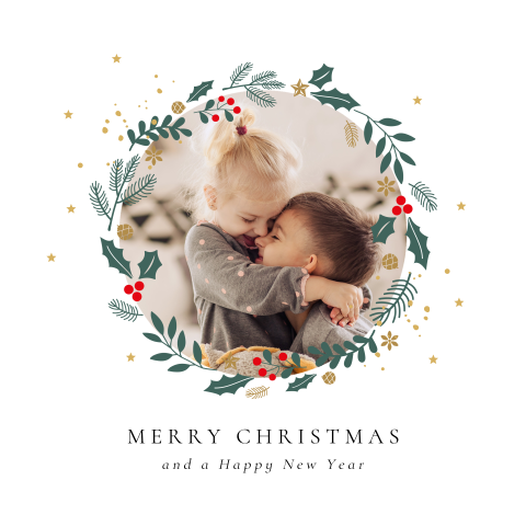 Kerstkaart wit met foto rond kerstkrans