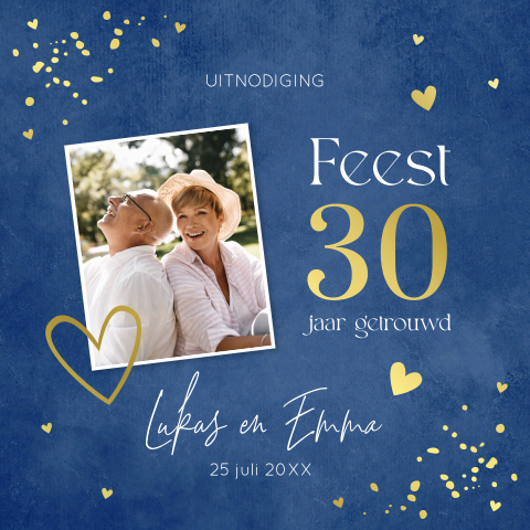 Jubileum uitnodiging 30 jaar getrouwd blauw foto goudfolie
