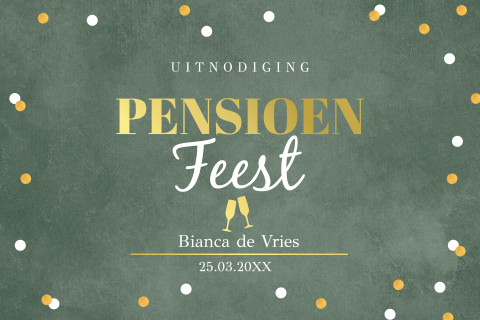 Pensioen uitnodiging borrel groen confetti goudfolie
