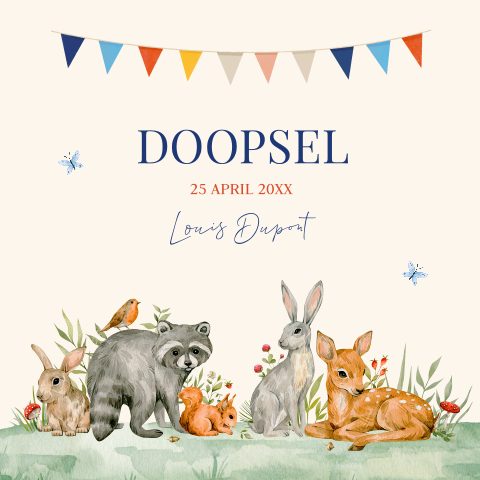 Doopkaart jongen met bosdieren en slinger