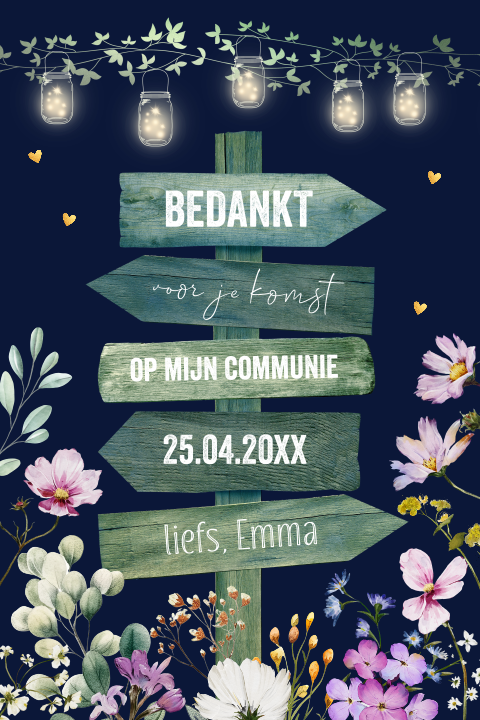 Bedankkaart communie meisje wegwijzer bloemen lila