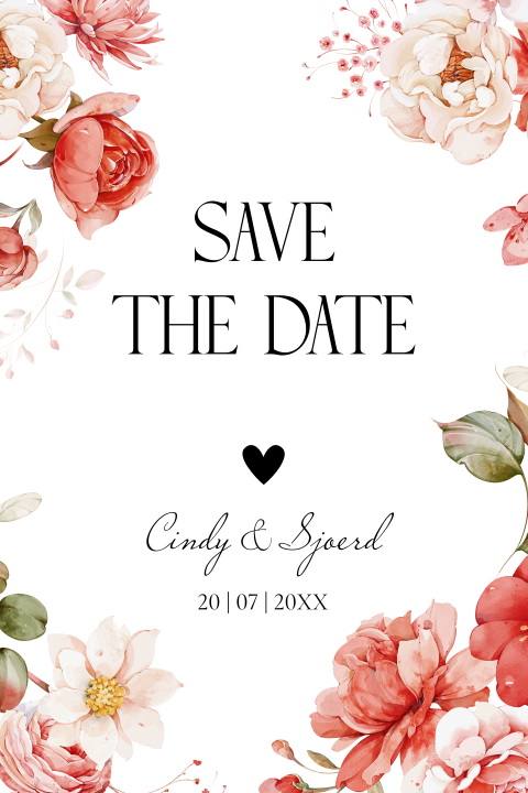 Save the Date kaart rood watercolour bloemen