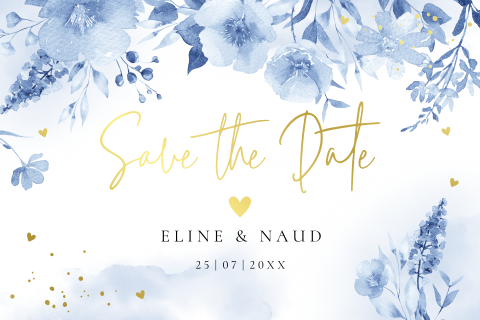 Save the Date kaart bloemen watercolour blauw goudfolie
