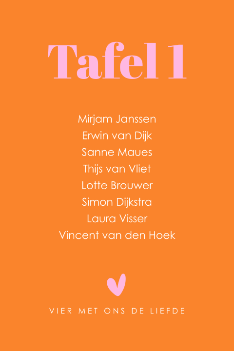 Tafelkaart tafelschikking bruiloft oranje roze modern