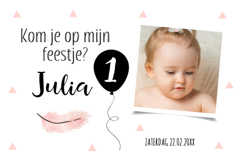 Uitnodiging kinderfeestje meisje 1 jaar wit ballon foto