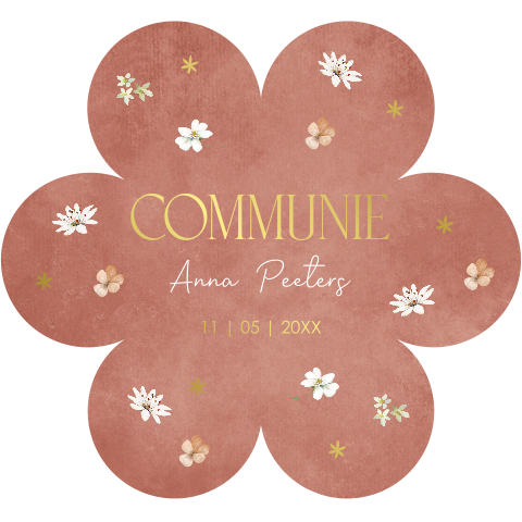 Communie uitnodiging meisje bloem vorm roestbruin goudfolie
