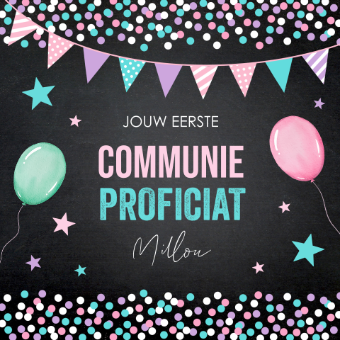 Felicitatie eerste communie kaart meisje confetti slinger ballonnen