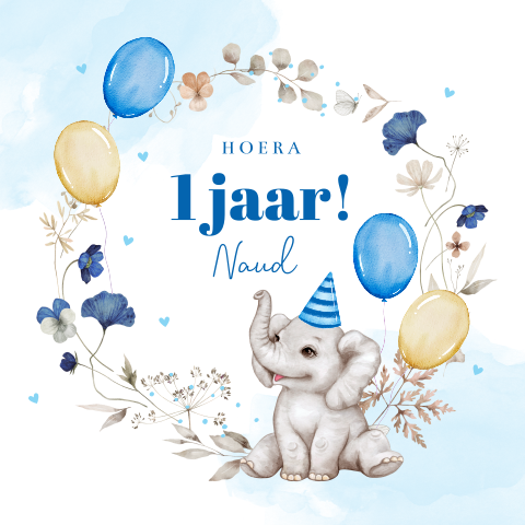 Verjaardagskaart jongen 1 jaar olifantje bloemen ballonnen blauw