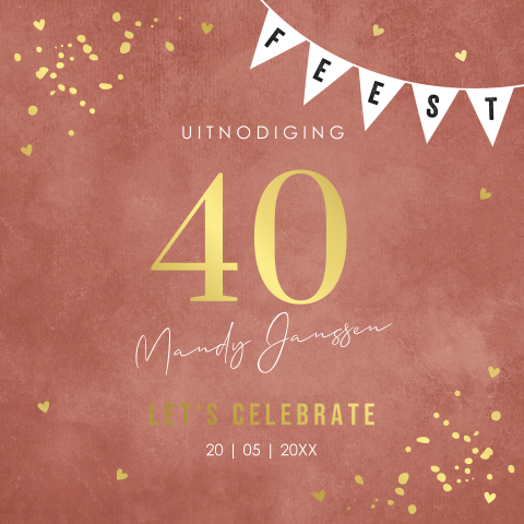 Uitnodiging verjaardag 40 jaar terracotta confetti goudfolie