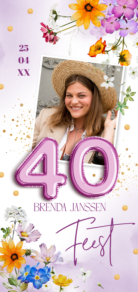 Uitnodiging verjaardag 40 jaar foto bloemen paars ballonnen