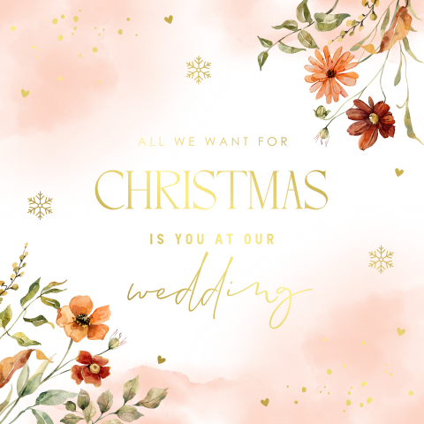 Save the Date kerstkaart bloemen peach zalm goudfolie watercolour