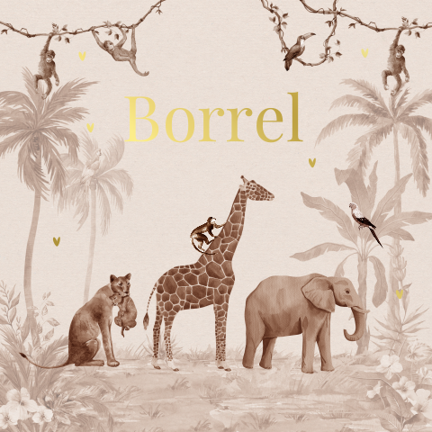 Kraamborrelkaartje safari dieren beige goudfolie