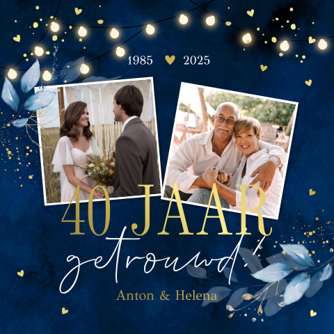Jubileum uitnodiging 40 jaar getrouwd met foto blauw goudfolie