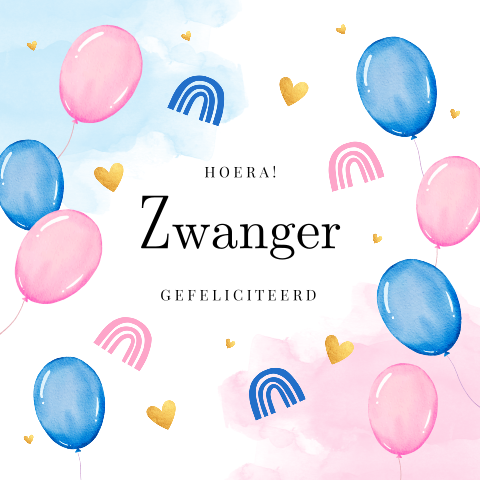 Felicitatie kaart zwangerschap ballonnen blauw roze