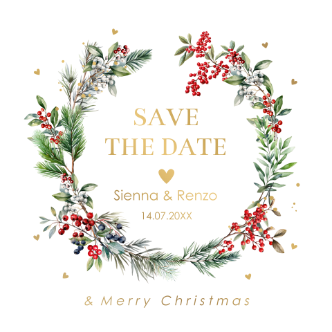 Save the Date kerstkaart Red Berries Christmas goudfolie