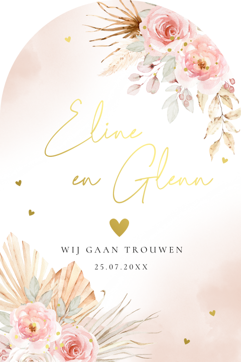 Trouwkaart bohemian bloemen roze goudfolie boog