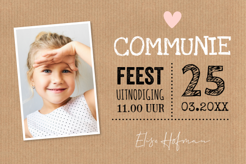 Communie uitnodiging meisje eigen foto typografie kraftlook bruin
