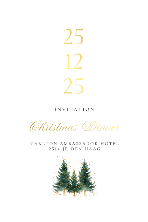 Christmas dinner uitnodiging wit kerstbomen goudfolie golvend