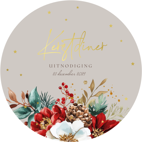 Kerstdiner uitnodiging rond bloemen rood grijs goudfolie