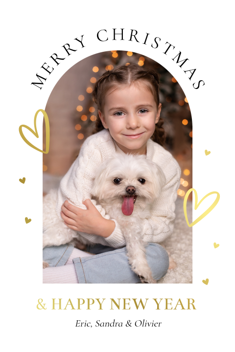 Kerstkaart wit foto boog hartjes goudfolie