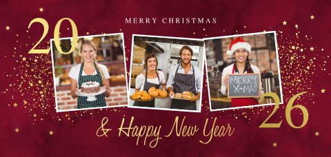 Zakelijke kerstkaart fotocollage rood luxe goudfolie